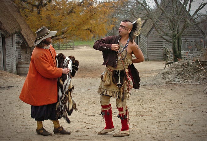 Bill Rudder as the governor and Tim Turner as Tosowet trade goods at Plimoth Plantation.