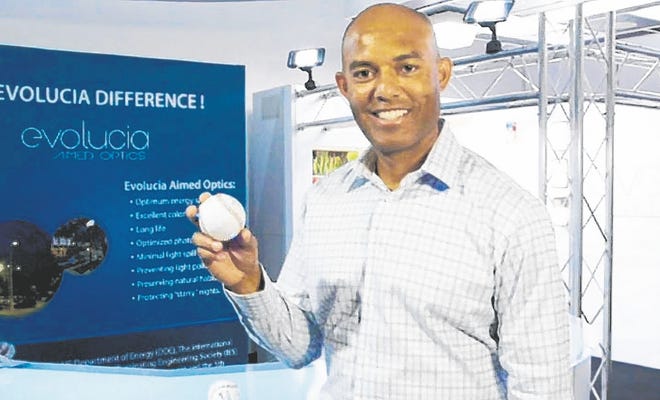 Mariano Rivera holds one of the commemoriative baseballs marking his 
retirement as one of the game's best pitchers. The balls are made with LED 
lights -- in Yankee blue -- by Sarasota's Evolucia Inc. An image of one of 
the balls is below.COURTESY PHOTOS