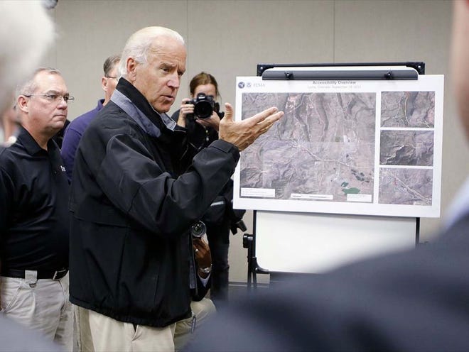 Vice President Joe Biden speaks Monday during a briefing on the floods in Colorado at the FEMA Disaster Recovery Center in Greeley, Colo. Biden took a helicopter tour of the flood damage in Colorado before meeting with officials at the center.
(ED ANDRIESKI | THE ASSOCIATED PRESS)