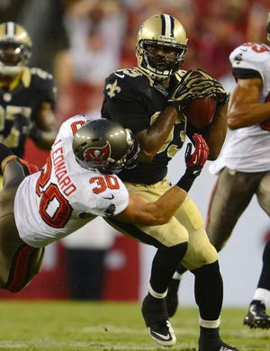 New Orleans Saints linebacker Junior Galette returns a fumble in the Saints' 16-14 victory over Tampa Bay on Sunday afternoon. 
COURTESY PHOTO/ New Orleans Saints