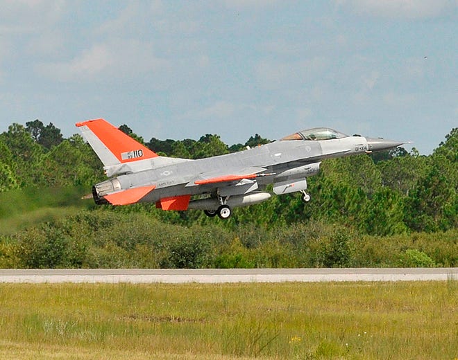 A QF-16 takes off on its first unmanned flight at Tyndall Air Force Base last week. The military aims to have the QF-16 provide a more accurate representation of real world threats for testing and training.