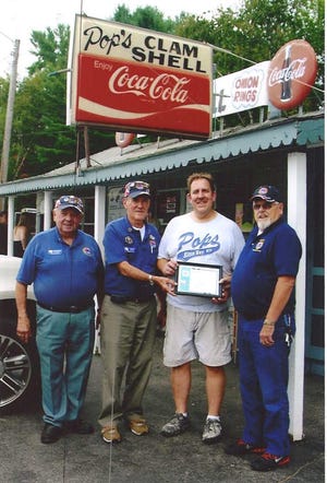 Jonathon Benton of Pop’s Clam Shell in Alton Bay was recently honored by members of AMVETS Post 1 Rochester, with a Certificate of Appreciation for his generous donation to their White Clover Fund. The AMVETS use this White Clover Fund to help local veterans in need. From left are Chaplain Bob Crout-Hamel, 1st Vice Al Benton, Owner Jonathon Benton, and Commander Al Healey Jr. Should other companies wish to help the AMVETS, they can contact Al Benton at (603) 332-1073.
