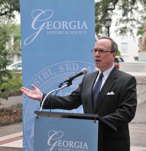 Steve Bisson/Savannah Morning News - Todd Groce, President and CEO of the Georgia Historical Society speaks at a press conference held at Chippewa Square.