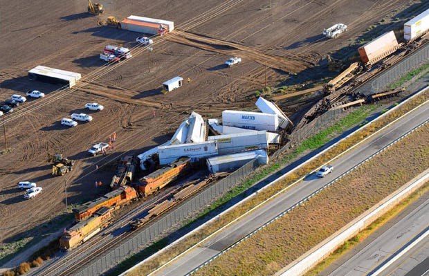 This aerial photo shows the scene where three freight trains collided near Amarillo, Texas.