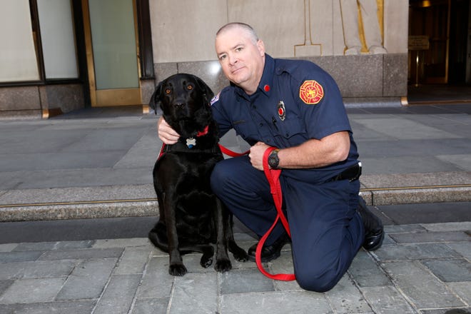 Smokey, a firehouse dog from Jacksonville, with her trainer Todd Warrick.