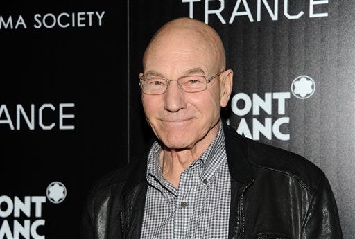 FILE - In this April 2, 2013 file photo, actor Patrick Stewart attends Fox Searchlight Pictures' premiere of "Trance," hosted by The Cinema Society with Montblanc, at the SVA Theater, in New York. Public TV stations will air programming Saturday, Sept. 27, 2013, to fight the nation’s dropout problem. Actors including Stewart and Brian Stokes Mitchell, Olympic gymnast Shannon Miller and more than a dozen other celebrities and journalists will take part in "American Graduate Day 2013."