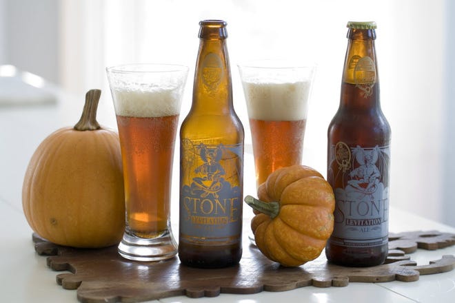 Bottles and glasses of Stone Levitation Ale can be enjoyed around apple picking.