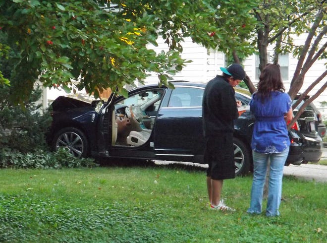 A man was injured Saturday evening when the car he was driving barreled through several yards, crashing through a privacy fence, shrubbery and ultimately hitting a house's front porch at 823 S.W. MacVicar.