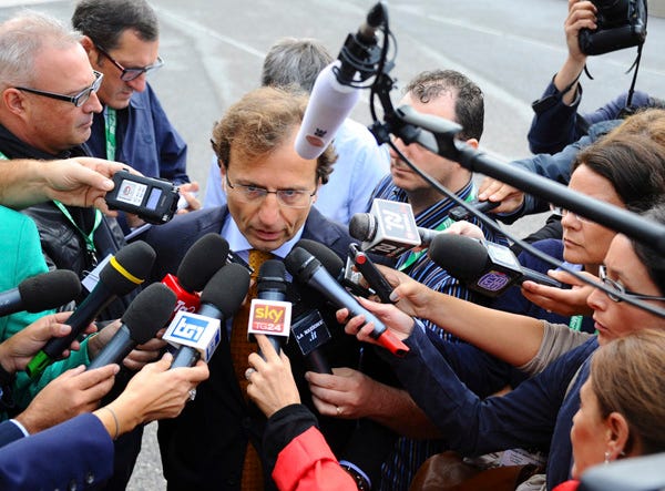 Kercher family lawyer Francesco Maresca talks to reporters as he arrives for the start of U.S. student Amanda Knox's second appeals trial in her British roommate's murder, in Florence, Italy, Monday, Sept. 30, 2013. I