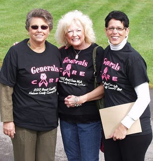 From left are Herkimer County Community College President Dr. Ann Marie Murray and HCCC Making Strides Against Breast Cancer walk organizers Donna Testa and Dee Borden. More than 200 people turned out for the college’s 2012 breast cancer walk to raise funds to support the American Cancer Society’s efforts to conduct life saving research, prevention, early detection and search for a cure. This year’s breast cancer walk will step off at 3 p.m. Saturday on the HCCC campus. FILE PHOTO