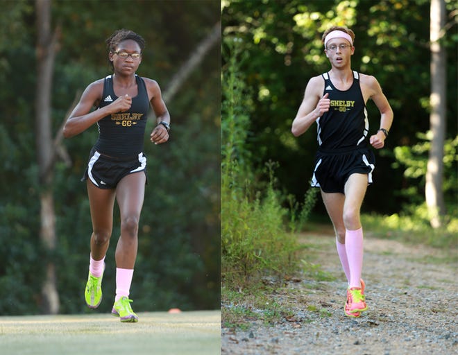 Shelby High runners, from left, Ladeja Anderson and Blanton Gillespie led the way in the Cleveland County cross country meet on the Golden Lions' home course Tuesday. (Ben Earp photos)