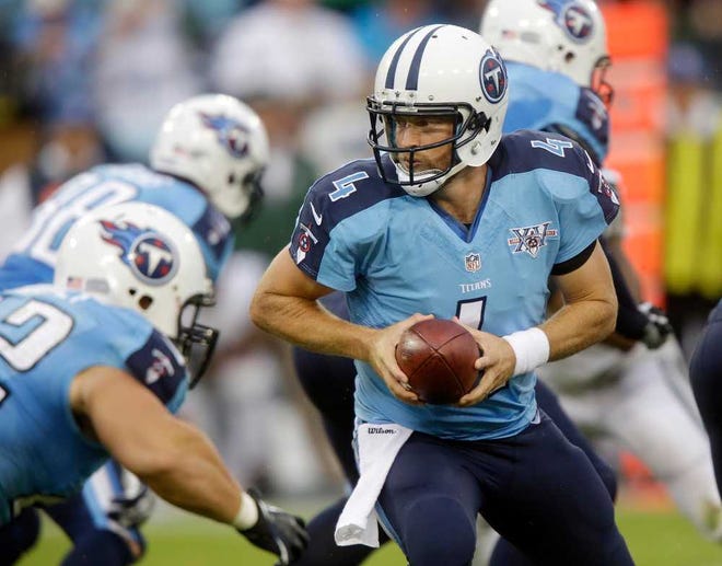 Tennessee quarterback Ryan Fitzpatrick, right, will make his first start of the season Sunday when the Titans play host to the 4-0 Kansas City Chiefs.