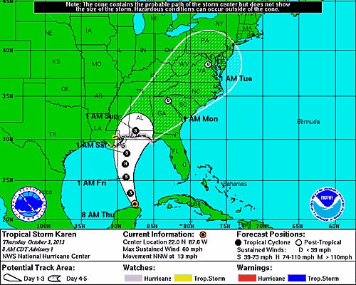 Five-day forecast cone for Tropical Storm Karen from the National Weather Service.