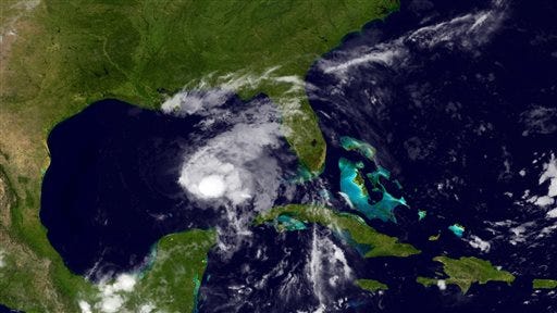This image provided by NOAA shows Tropical Storm Karen taken late Thursday night.