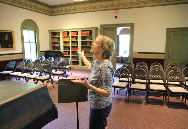 James Library Asst. Director Tracey Kelly shows the newly completed renovation of the Victorian Era concert hall on the top floor of the Norwell building, Wednesday, Sept. 4, 2013. An open house of the hall will be held October 8.