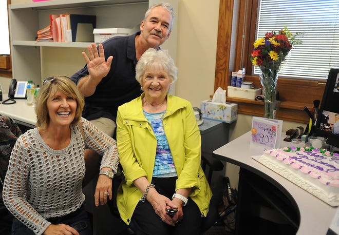 Henrietta Concini Haskett, who turns 90 today, is still employed with the Tuscarawas County Clerks office. Her daughter Loretta Marion and son-in-law Geoff Marion, celebrated her birthday in the clerks office.