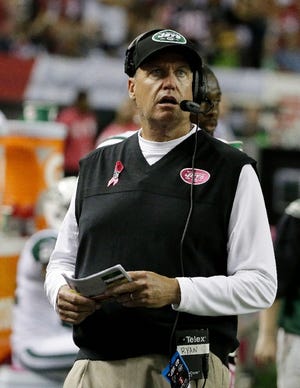 New York Jets head coach Rex Ryan watches a lay against the Atlanta Falcons during the second half of an NFL football game, Monday, Oct. 7, 2013, in Atlanta.