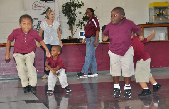Dorseyville Elementary held its monthly PBIS behavior bash Sept. 27. Students with no referrals over the month were eligible to participate in a student talent show. Some acts included singing, dancing, and headstands. From left, kindergarten students dancing to “Who Let the Dawgs Out” are Jeremy Taylor, Marcus Martin, Malik Williams, and Maurice Brown.