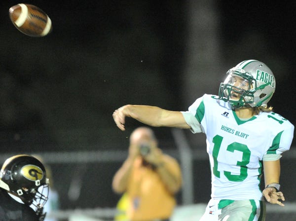 Hokes Bluff's Cole Williams throws a pass against Glencoe during a game earlier this season.