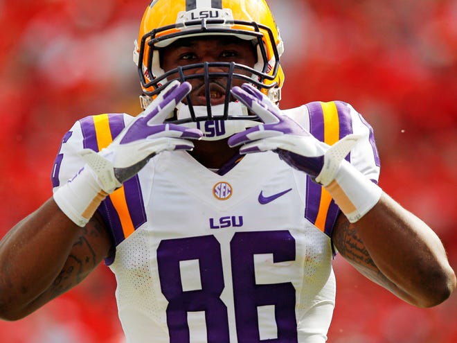 LSU wide receiver Kadron Boone
caught two touchdown passes in the
Tigers’ loss to Georgia two weeks ago. (The Associated Press)