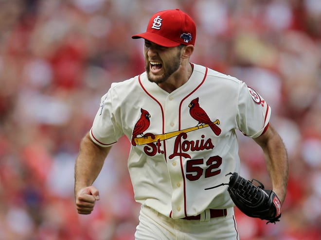 St. Louis Cardinals starting pitcher Michael Wacha celebrates after striking out Los Angeles Dodgers' Juan Uribe with bases loaded to end the sixth inning of Game 2 of the National League baseball championship series Saturday, Oct. 12, 2013, in St. Louis. (AP Photo/Jeff Roberson)