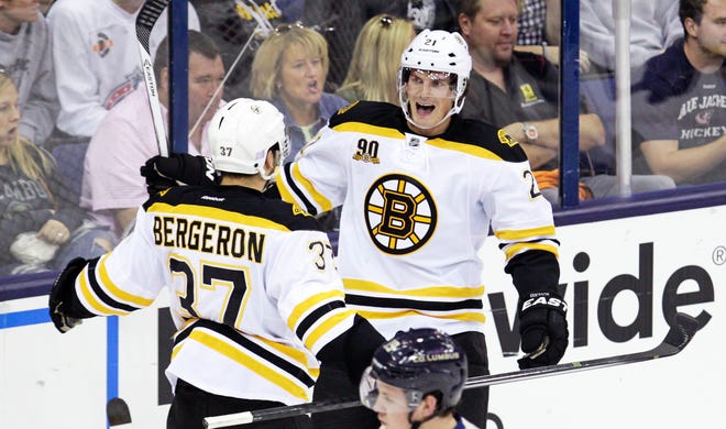 Loui Eriksson (right) celebrates his goal first goal as a Bruin with teammate Patrice Bergeron in the third period of Boston's win at Columbus on Saturday.