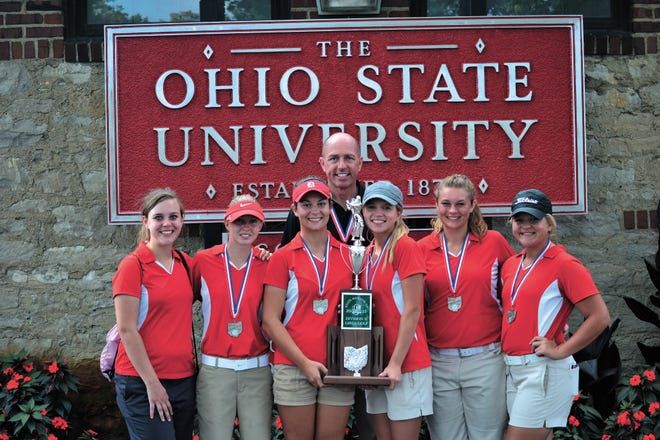 The Dover High girls' golf team finished second in the Division II state tournament on Saturday. The team members are Tatum Symons, Allison Mills, Sarah Miller, Coach Eric Adams, Courtney Shutt, Alexis Wilkinson and Katlyn Shutt.