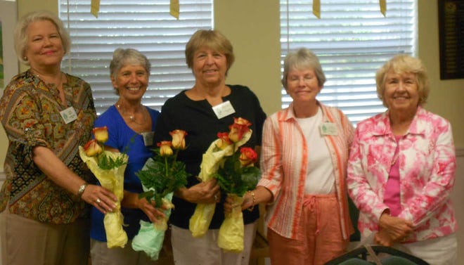 Woodland circle installs: Woodland Garden Circle conducted installation of officers for the 2013- 15 term at the September meeting. New officers include, from left: Secretary Taffy Harris, treasurer Gloria Hopkins, vice president Janice Stey, president Barbara Poniatowski and installation officer Jeanette Smith. Contributed photo.
