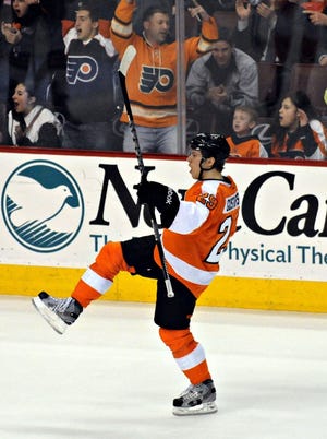Philadelphia Flyers’ defenseman Erik Gustafsson celebrates after scoring with 2:32 left in the first period making the score 2-0 against the New York Rangers at the Wells Fargo Center in Philadelphia Tuesday, April 16.