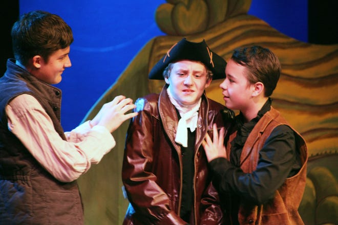 Bryce Abell (as Brom), left, and Chad Boyd as Sebastian, far right, intimidate Ichabod Crane (Noah Budkowski) by telling a spooky story. By RENEE UNSWORTH, renee.unsworth@staugustine.com