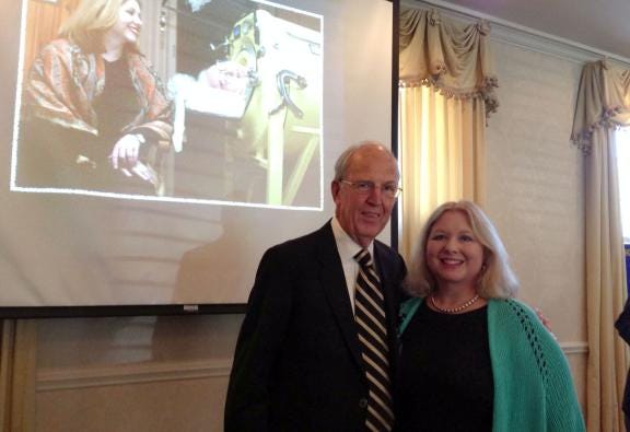 Johnny Presson, left, invited Mary Dalton to speak at The Shelby Rotary Club Oct. 11. Dalton shared about her friendship with the late Martha Mason, a polio survivor who lived 61 years in an iron lung. Dalton directed a documentary about Mason's life that has received awards and was broadcast on North Carolina Public Television.