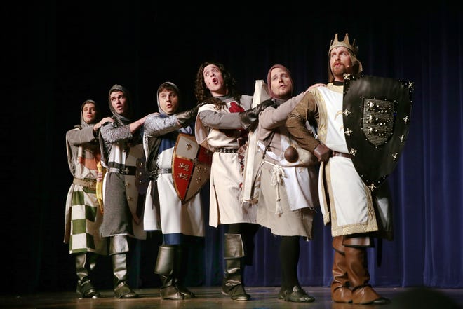 King Arthur (Mac Warren, far right) assembles his Knights of the Round Table in Springfield Theatre Centre's production of the Monty Python musical "Spamalot."
