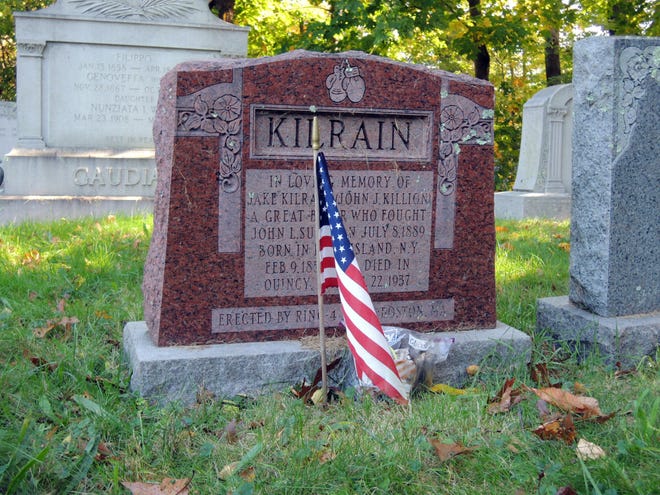 Jake Kilrain, a famous boxer in the late 1800s, is buried in St. Mary's Cemetery in Quincy. Stephen Cantelli talked about Kilrain's tombstone during an Environmental Treasures of Quincy program tour on Saturday, Oct. 19, 2013.
