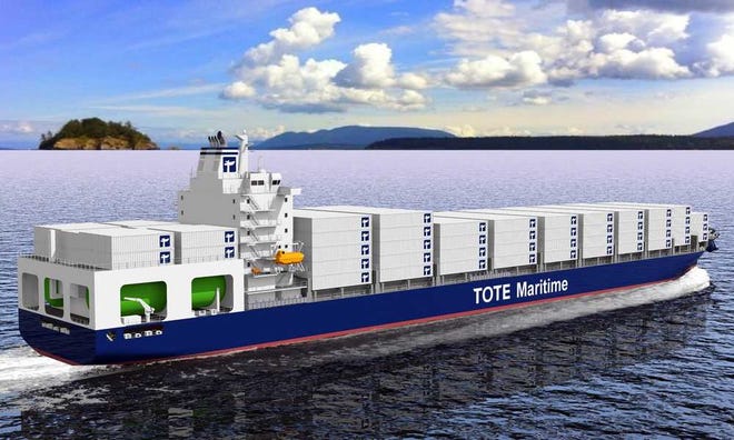 Provided by TOTE Maritime An artist's rendering shows a cargo container ship being built by TOTE Maritime for use by its Jacksonville-based subsidiary Sea Star Line. Sea Star plans to use two of the vessels for shipping cargo between Jacksonville and Puerto Rico.