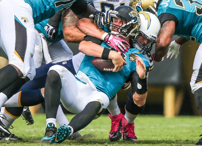 Gary McCullough--10/20/13-- Jaguars quarterback Chad Henne, #7 sacked by Chargers Thomas Keiser, #90 during the second quarter of Sunday's game. The Jacksonville Jaguars hosted the San Diego Chargers at EverBank Field in Jacksonville, FL Saturday, October 20, 2013. (The Florida Times-Union, Gary McCullough)