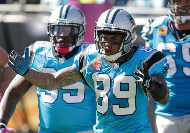 Steve Smith celebrates a play in Sunday's 30-15 Panthers win against the Rams.