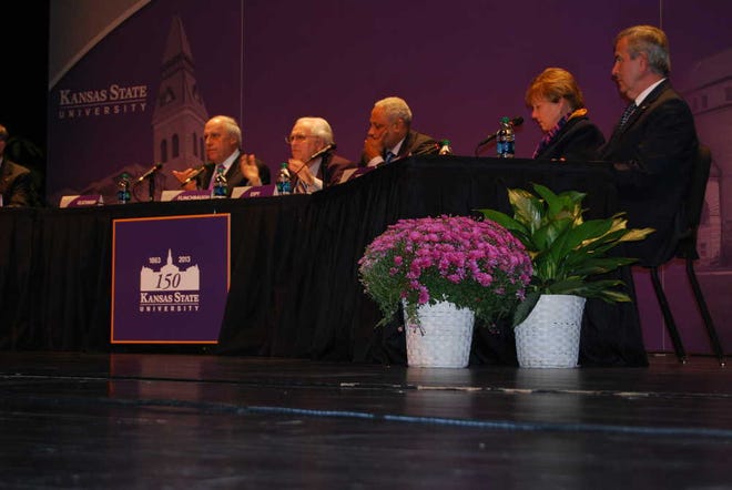 From left, Dan Glickman, Barry Flinchbaugh, Mike Espy, Ann Veneman and Mike Johanns take part Monday in a Landon Lecture at Kansas State University in Manhattan.