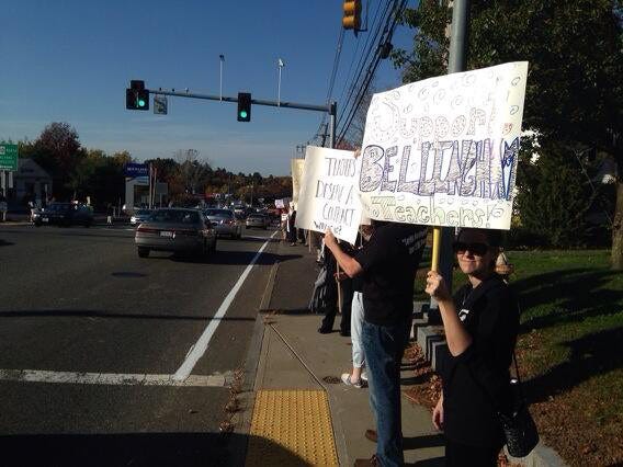 Bellingham teachers picket at the intersection of Mendon and South Main streets on Monday afternoon.