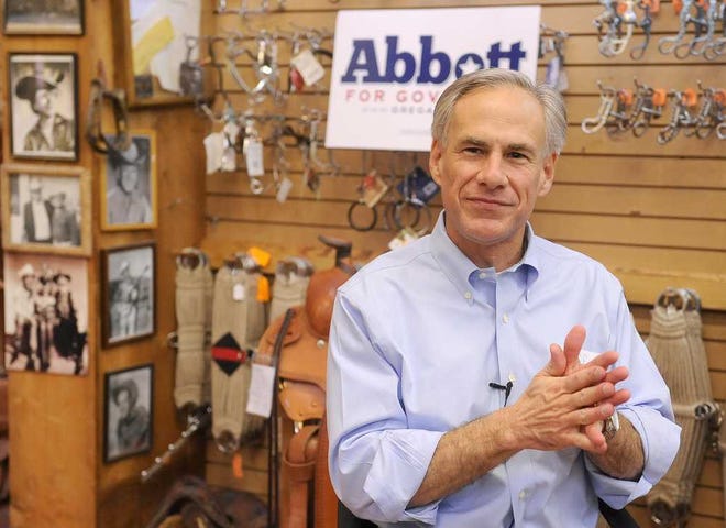 Texas Attorney General Greg Abbott and candidate for governor, speaks Wednesday at Oliver Saddle Shop in Amarillo.