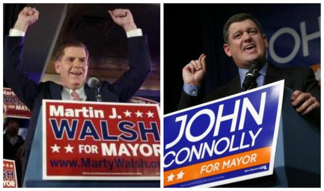 Boston mayoral hopefuls Martin Walsh and John Connolly address supporters at primary-election parties in Boston on Tuesday, Sept. 24, 2013.