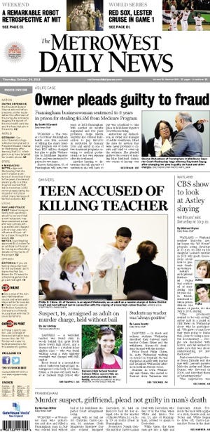 Front page of the MetroWest Daily News for 10/24/13