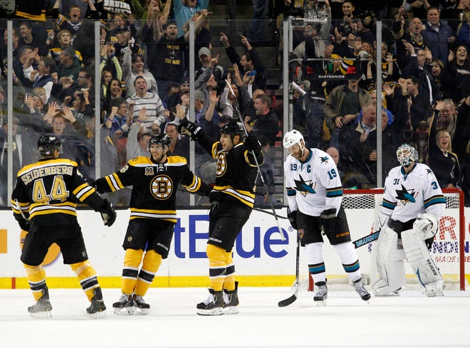 David Krejci (second from left) celebrates his game-winning goal with 0.8 seconds left Thursday.