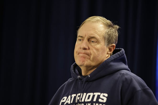 Patriots head coach Bill Belichick listens to a reporter's question during a media availability on Wednesday in Foxboro. Six of the Patriots' first seven games have been decided by seven points or fewer.