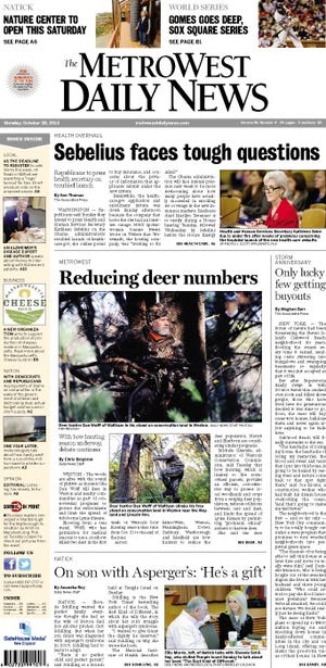 Front page of the MetroWest Daily News for 10/28/13