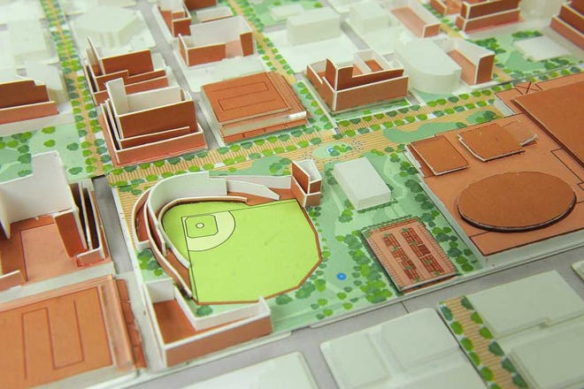 A downtown conceptual model displayed during a July meeting at City Hall shows a proposed downtown ballpark.