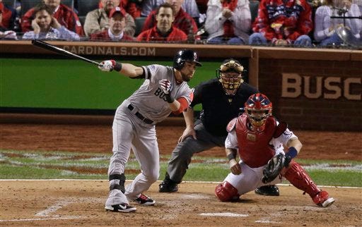 Boston Red Sox's Jacoby Ellsbury strikes out swinging to end the top of the fifth inning of Game 5 of baseball's World Series against the St. Louis Cardinals Monday, Oct. 28, 2013, in St. Louis. (AP Photo/Charlie Riedel)