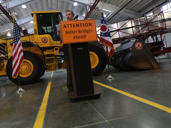 Gov. John Kasich announces the state's bridge-rehabilitation project from a lectern at the Franklin County Engineer's West Side maintenance facility. "We can't do everything, but $120 million over the next three years is a really big deal," Kasich said.