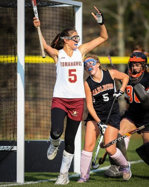 Algonquin's Juliet Chapin celebrates after scoring during the Div. 1 Central first round matchup against Marlborough at Algonquin High School in Northborough on Wednesday.