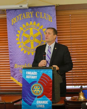 East Carolina Athletic Director Jeff Compher stopped by the Golden Corral in New Bern to talk to the Breakfast Rotary Club Thursday.