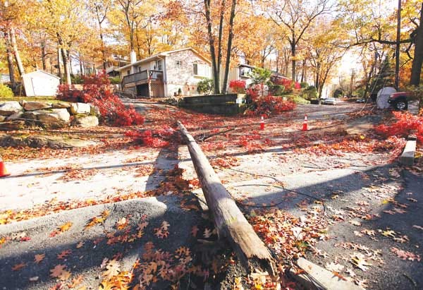 Photo by Tracy Klimek/New Jersey Herald - A telephone pole and wires lie on the ground on top of branches along Bucknell Road in Hopatcong from Friday morning’s storm that brought heavy rain and strong winds.
